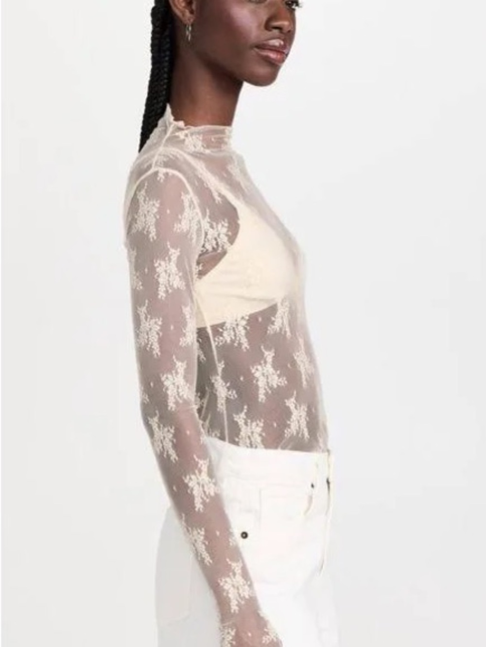 Sheer Long-Sleeve Floral Lace Top in Ivory - Picture 11 of 12